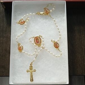 Gold and White Rosary Necklace